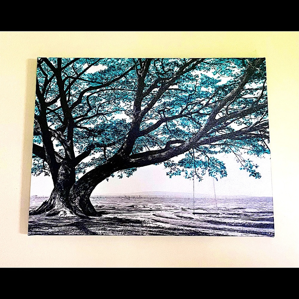 Framed Canvas Black White & Teal Tree Picture